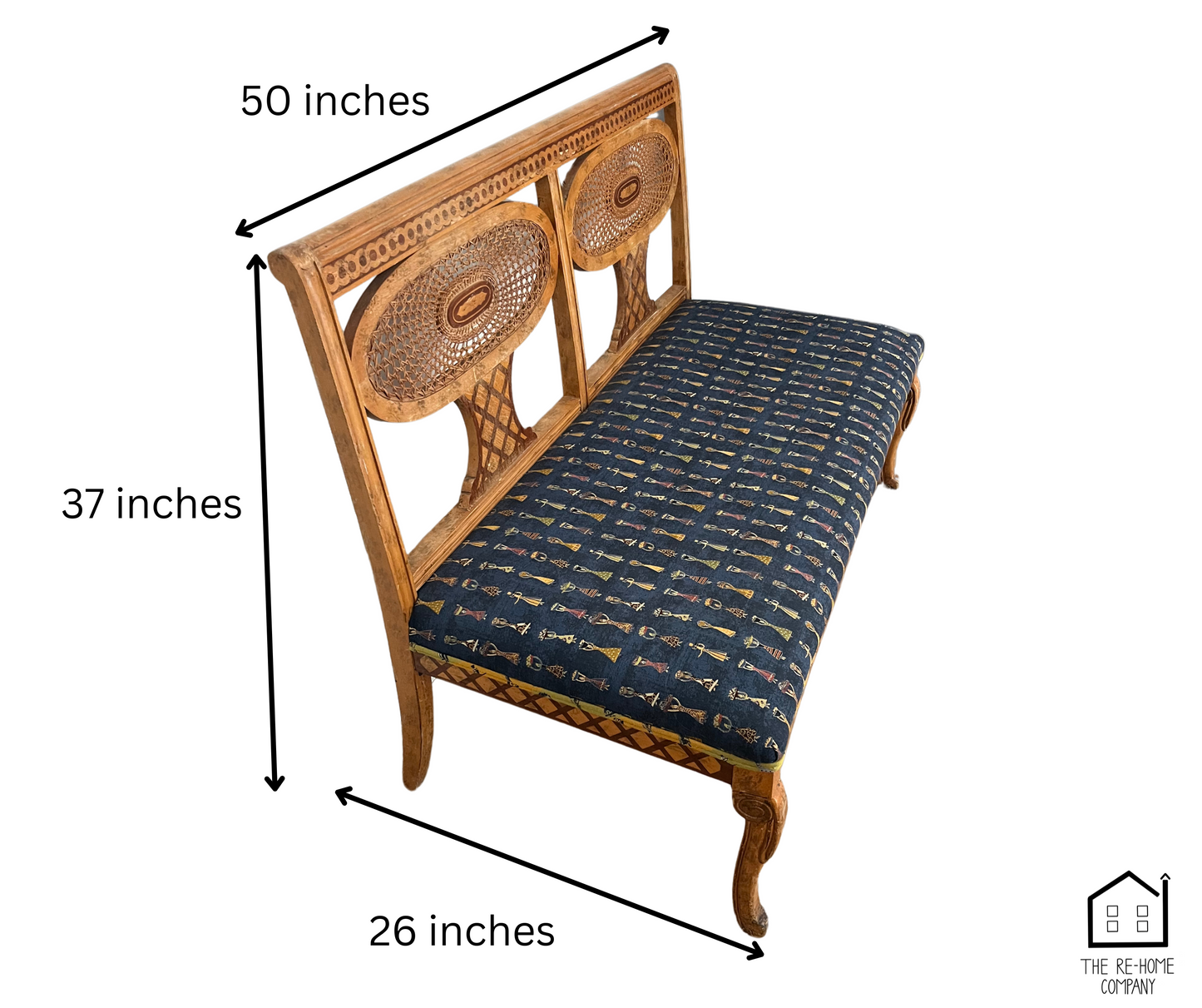 Ornate Wooden Bench with Woven Backrest and Patterned Upholstery dimensions