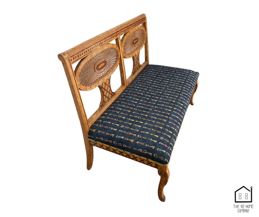 Ornate Wooden Bench with Woven Backrest and Patterned Upholstery